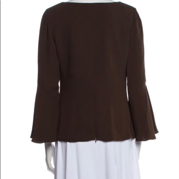 Carolina Herrera Brown Bell Sleeve Silk Scoop Neck Blouse - Picture 4 of 7